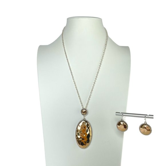 Necklace & Earring Set, Gold/Silver Tone, Hammered & Antique Finish, 18" - 21" - Picture 2 of 6
